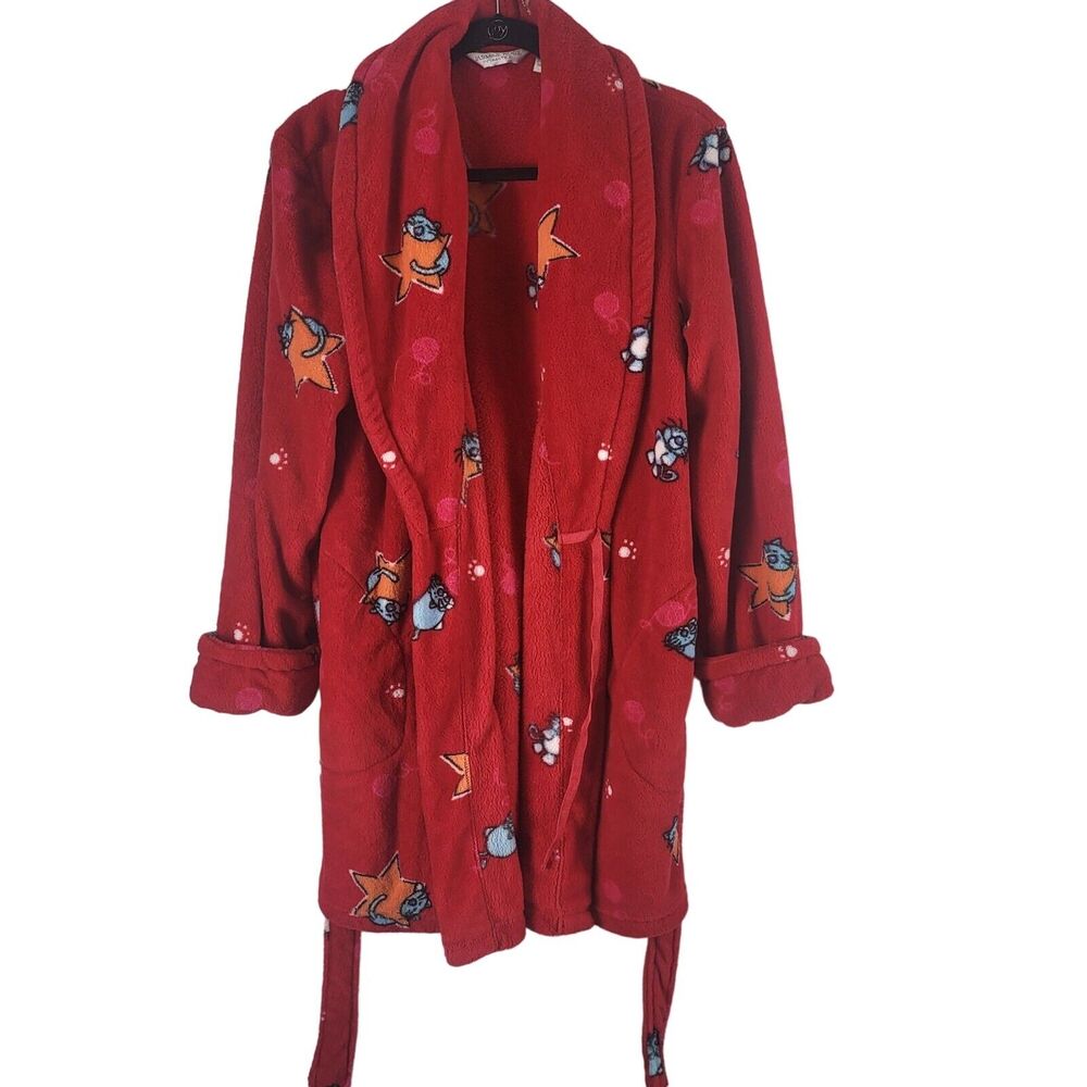 Jasmine Rose Robe‎ M Womens Red Cat Print Tie Front Fleece Long Sleeve Pockets